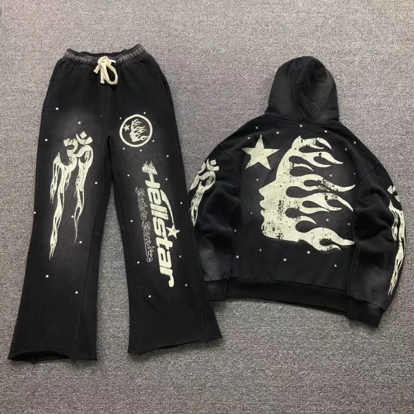 HELLSTAR Black White Flame Face Hoodie Set - front view