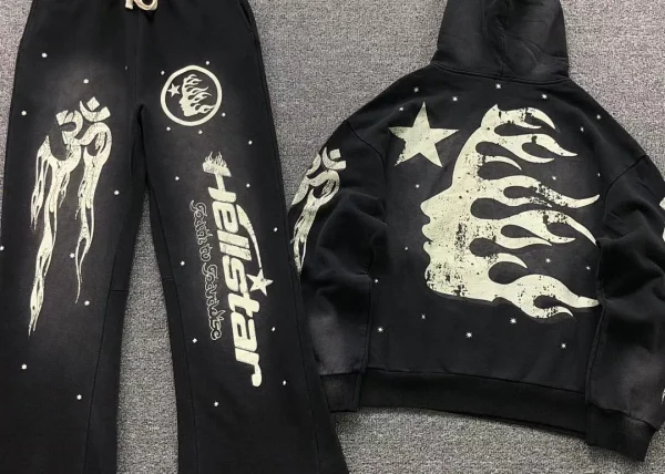 HELLSTAR Black White Flame Face Hoodie Set - close-up detail