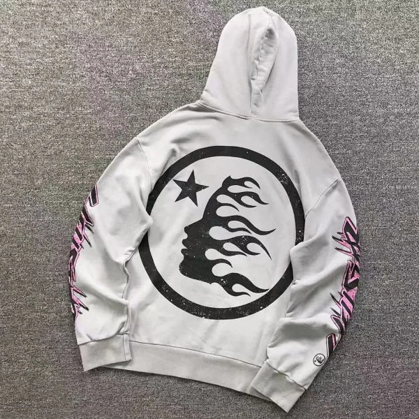 HELLSTAR Grey Circle Logo Pink Sleeves Hoodie - front view
