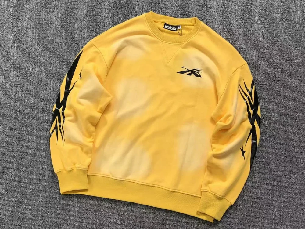 HELLSTAR Yellow Washed Black Logo Crewneck - fabric detail