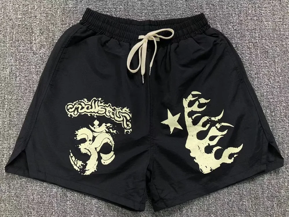 HELLSTAR Black White Flame Face Shorts - close-up detail