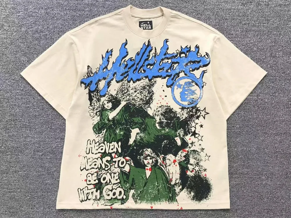 HELLSTAR Cream Blue Circle Logo Splatter T-Shirt - alternate angle