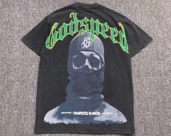 GODSPEED Grey Skull Balaclava Manifested T-Shirt - close-up detail