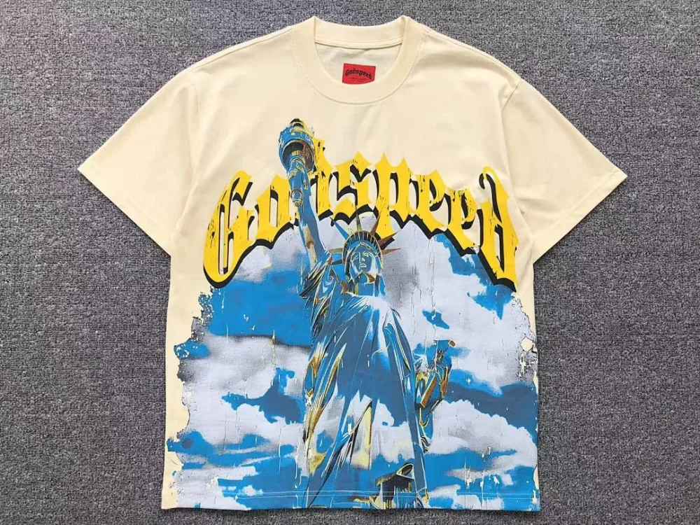 GODSPEED Cream Statue of Liberty Sky T-Shirt - close-up detail