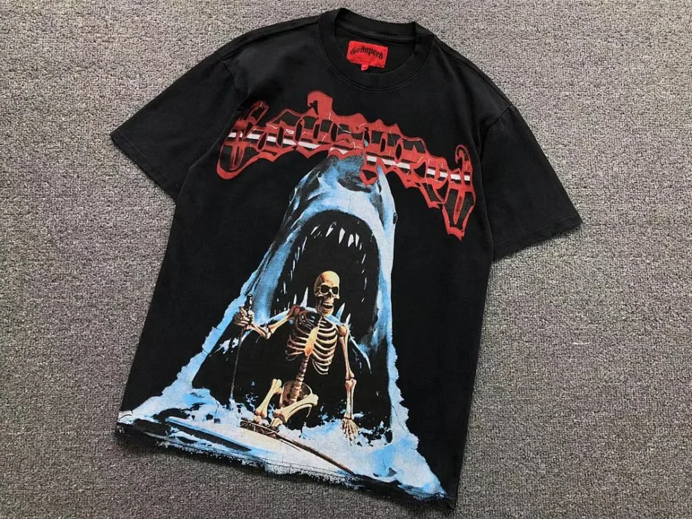 GODSPEED Black Shark Jaw Skeleton Surfer Print T-Shirt - alternate angle