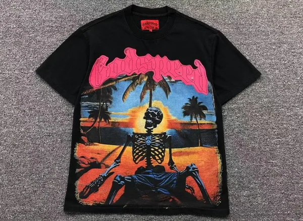 GODSPEED Cream Skeleton Beach Guitar Sunset T-Shirt - second colorway