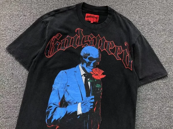 GODSPEED Black Blue Suit Skeleton Rose T-Shirt - size reference