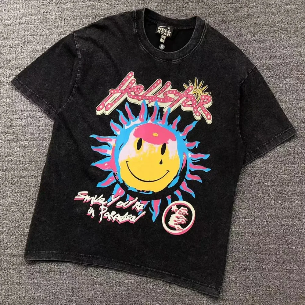 HELLSTAR Black Washed Smiley Sun T-Shirt - front view