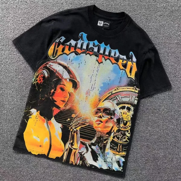 GODSPEED Black Robot Couple Retro T-Shirt - front view