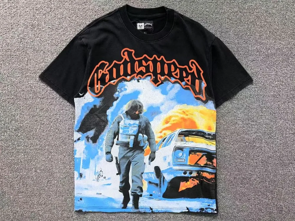 GODSPEED Black White Rally Car T-Shirt - close-up detail