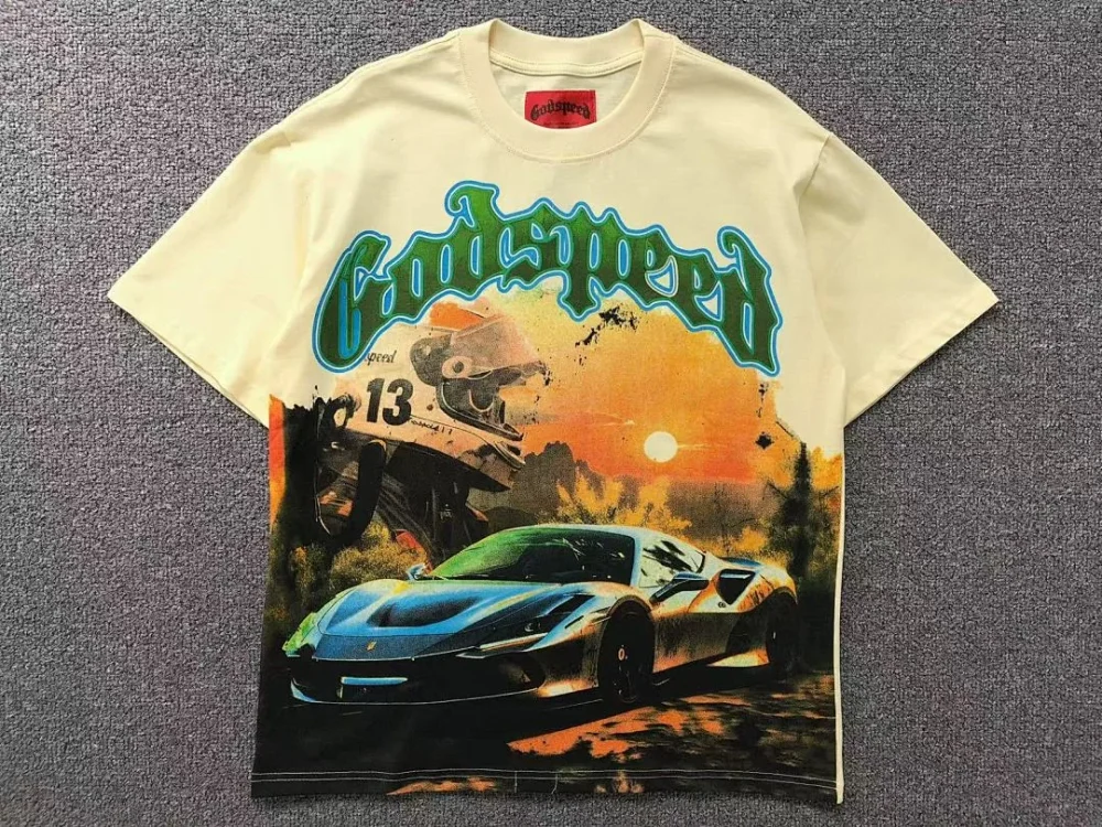 GODSPEED Cream Teal Sports Car Sunset T-Shirt - close-up detail