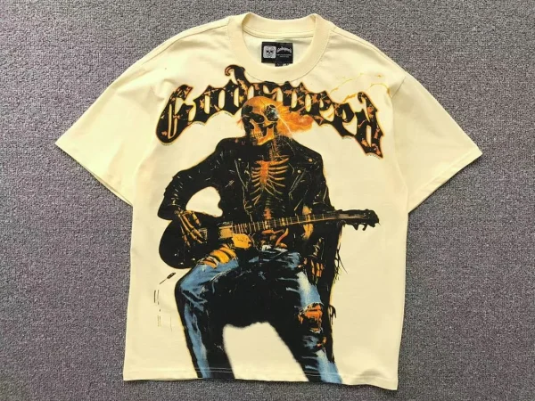 GODSPEED Cream Skeleton Guitarist Rock T-Shirt - close-up detail
