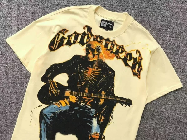 GODSPEED Cream Skeleton Guitarist Rock T-Shirt - size reference