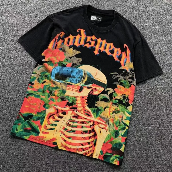 GODSPEED Black Tropical Skeleton Flowers T-Shirt - front view