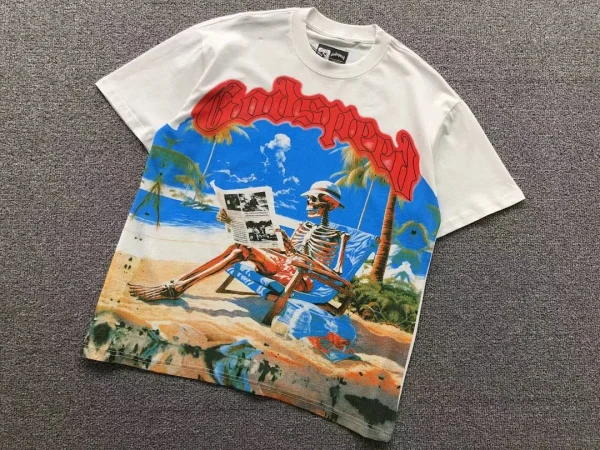 GODSPEED White Beach Reading Skeleton T-Shirt - close-up detail