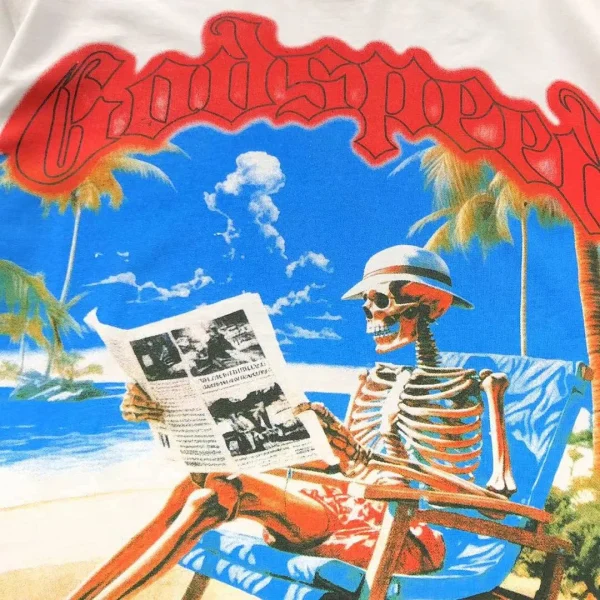 GODSPEED White Beach Reading Skeleton T-Shirt - styled shot