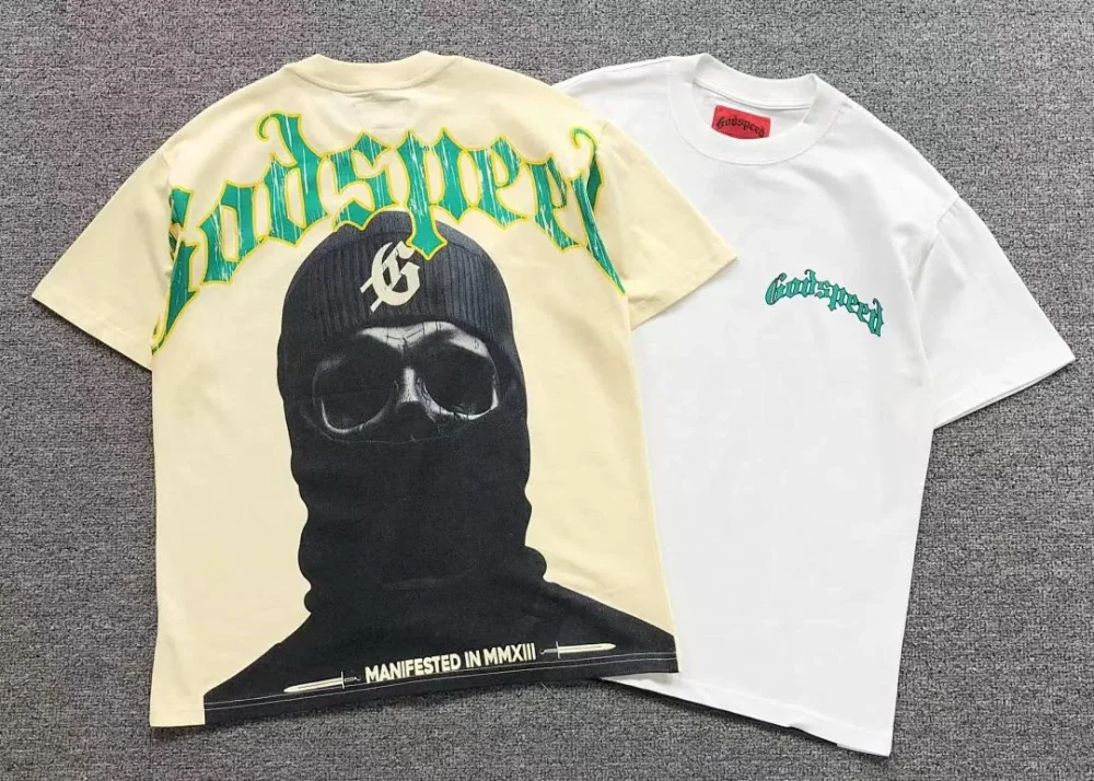 GODSPEED Cream GS Balaclava Logo T-Shirt - close-up detail