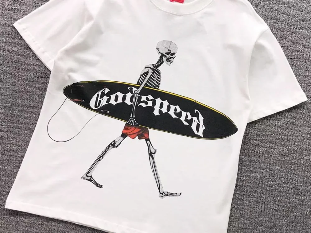 GODSPEED Cream GS Logo Surfboard Skeleton T-Shirt - fabric detail