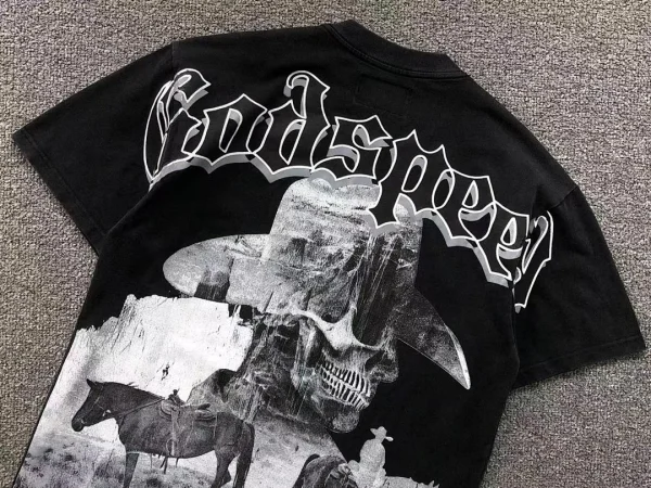 GODSPEED Black Cowboy Cattle Black White T-Shirt - size reference