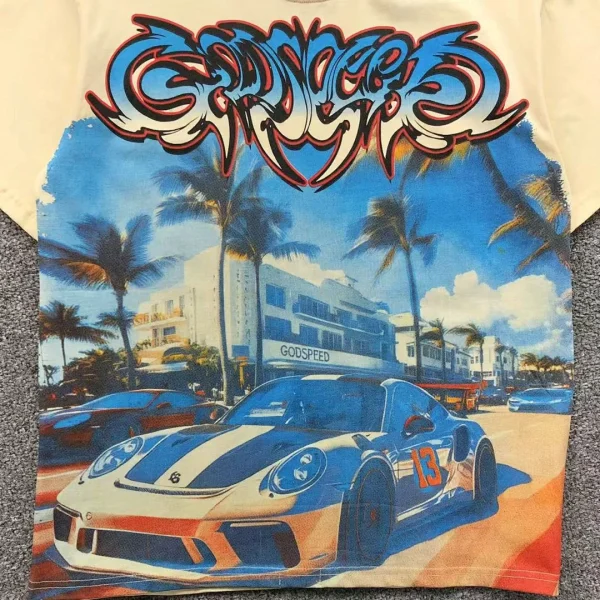 GODSPEED Cream Blue Race Car Palms T-Shirt - styled shot
