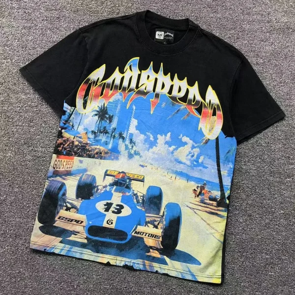 GODSPEED Black Blue Race Car Palm Beach T-Shirt - front view