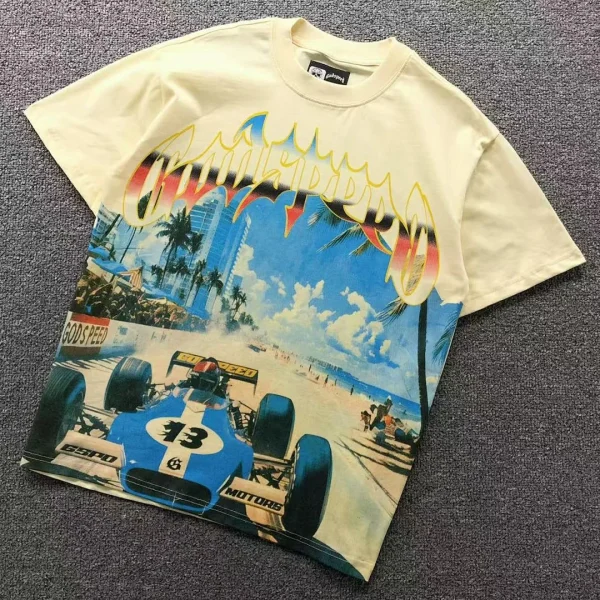 GODSPEED Cream Blue Race Car Palm Beach T-Shirt - front view