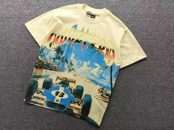 GODSPEED Cream Blue Race Car Palm Beach T-Shirt - alternate angle