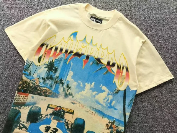 GODSPEED Cream Blue Race Car Palm Beach T-Shirt - size reference