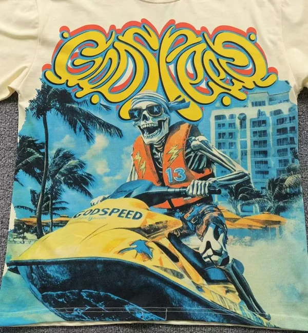GODSPEED Cream Yellow Race Car Skeleton T-Shirt - styled shot