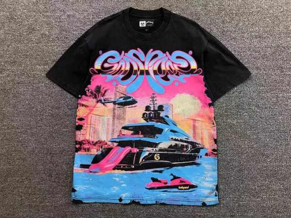 GODSPEED Black Miami Beach Boat Sunset T-Shirt - close-up detail