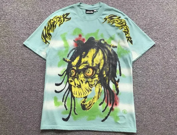 HELLSTAR Teal Yellow Skull Dreads T-Shirt - close-up detail