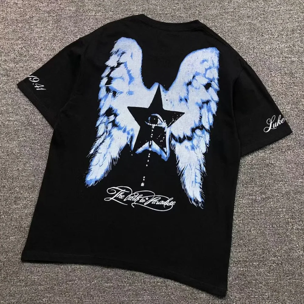 HELLSTAR Black Blue Angel Wings Star T-Shirt - front view