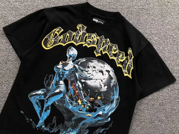GODSPEED Black Chrome Skeleton Earth Hug T-Shirt - styled shot