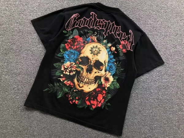 GODSPEED Black Floral Skull Roses T-Shirt - fabric detail