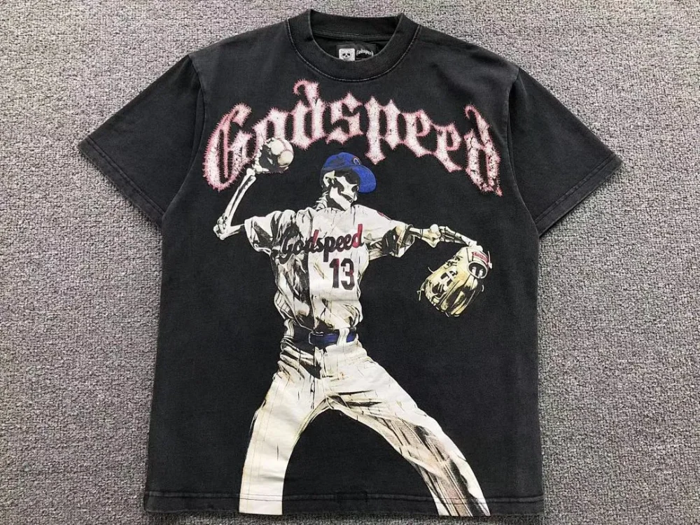GODSPEED Black Baseball Pitcher Skeleton Print T-Shirt - close-up detail