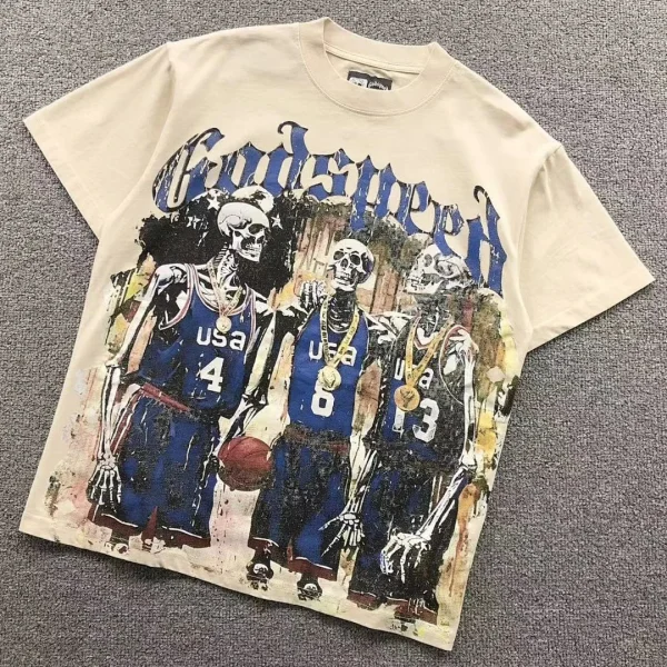 GODSPEED Cream Skeleton USA Basketball Team T-Shirt - front view