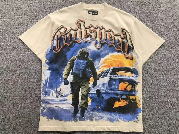 GODSPEED Cream Snow Soldier War Scene T-Shirt - close-up detail