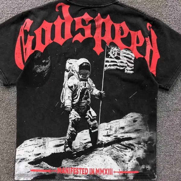 GODSPEED Black Astronaut Moon Flag T-Shirt - styled shot
