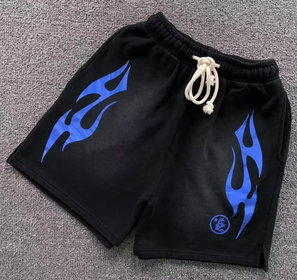 HELLSTAR Black Blue Flame Shorts - close-up detail