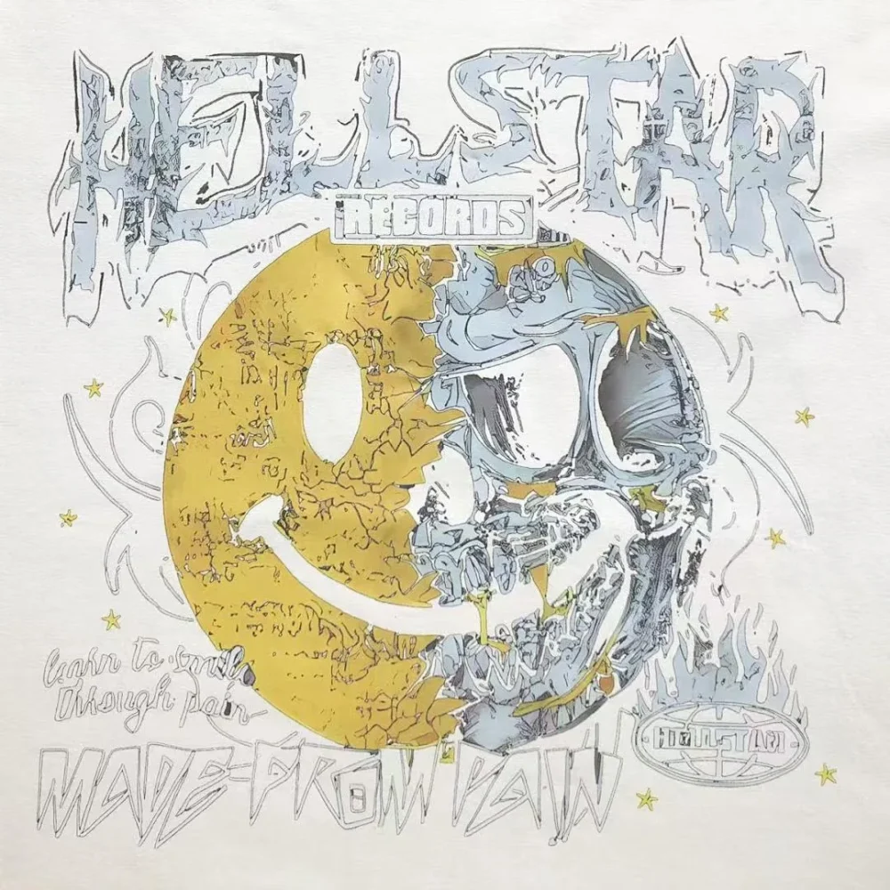 HELLSTAR Cream Yellow Smiley Skull Records T-Shirt - front view