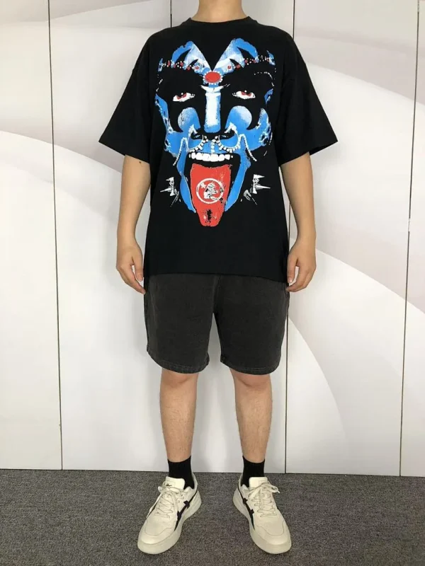 HELLSTAR Black Blue Demon Face Red Tongue T-Shirt - print detail