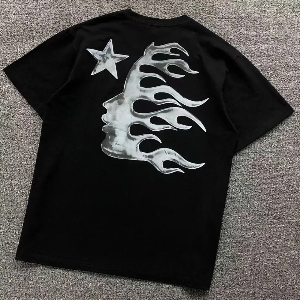 HELLSTAR Black Grey Flame Face Back Print T-Shirt - front view
