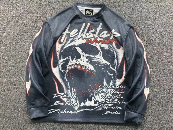 HELLSTAR Grey Blue Skull Long Sleeve - close-up detail