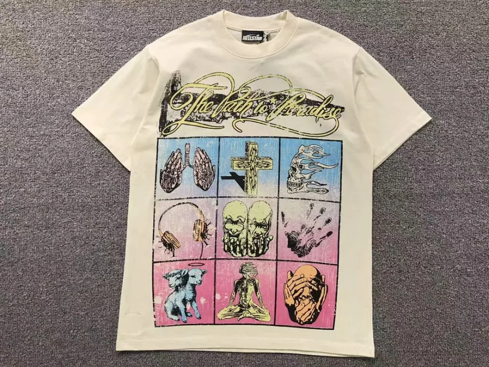 HELLSTAR Cream Colorful Grid Collage T-Shirt - close-up detail