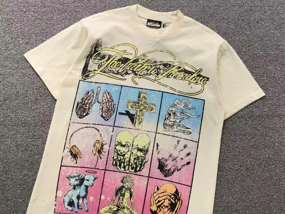 HELLSTAR Cream Colorful Grid Collage T-Shirt - size reference