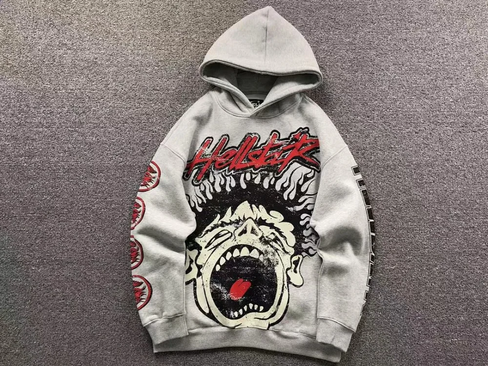 HELLSTAR Grey Colorful Face Art Hoodie - close-up detail