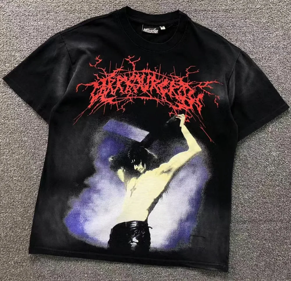 HELLSTAR Black Red Metal Rock Band Portrait T-Shirt - close-up detail