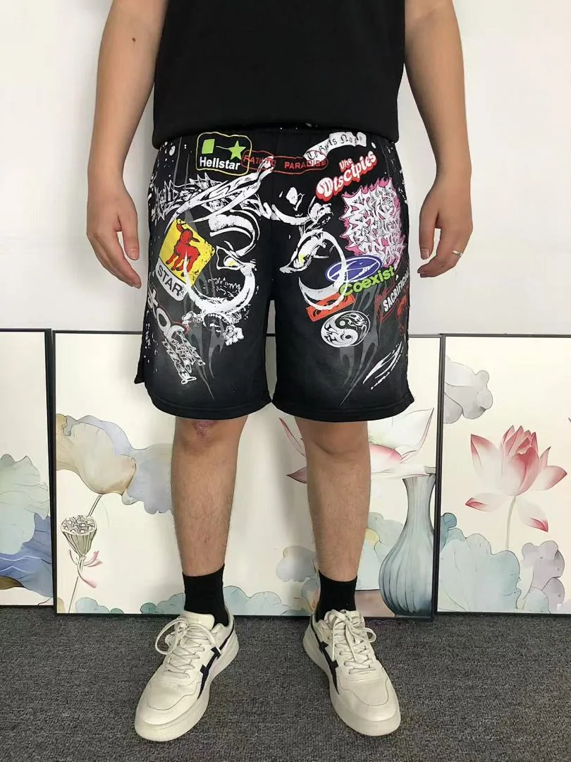 HELLSTAR Black Patchwork Splatter Shorts - print detail