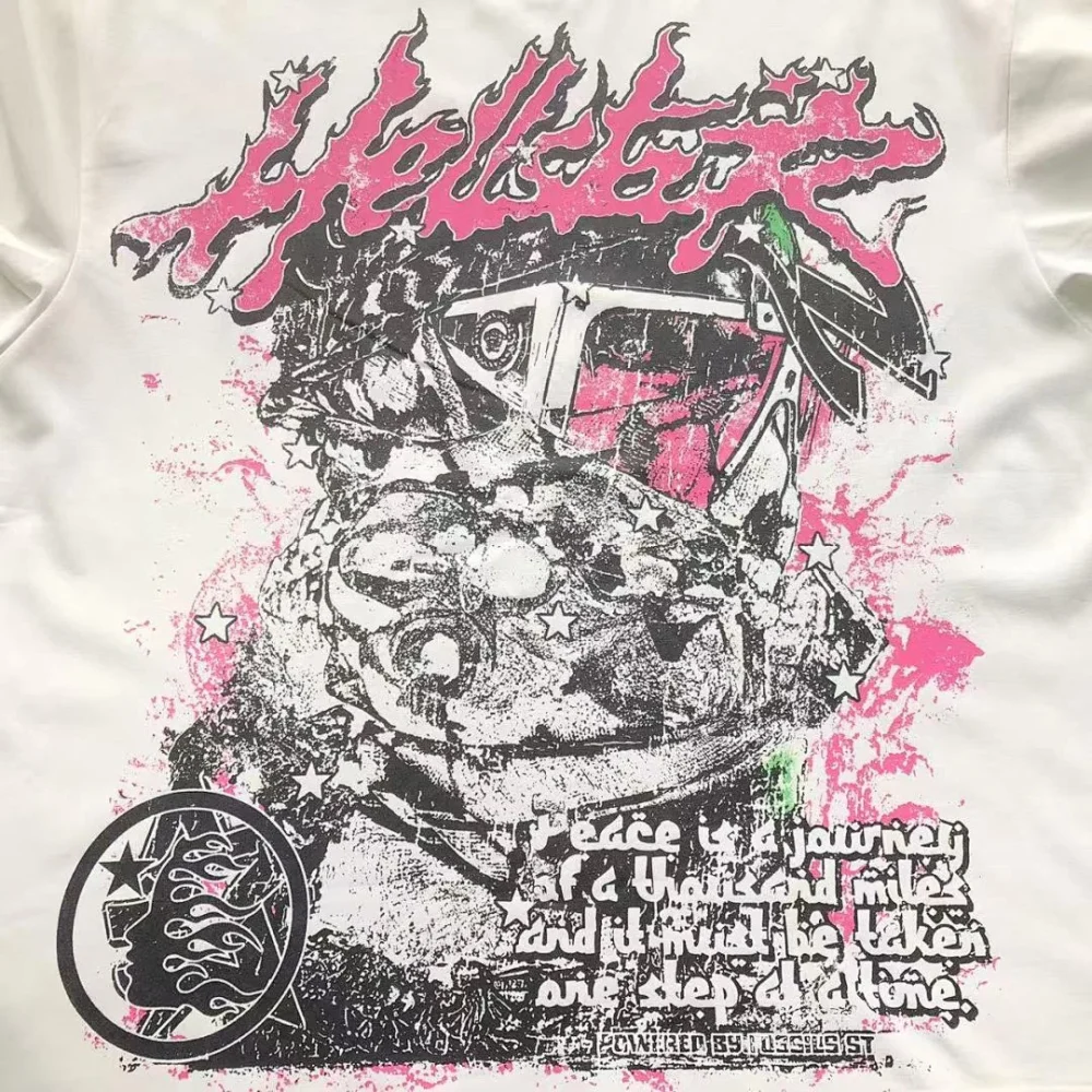 HELLSTAR White Pink Moto Collage Print T-Shirt - styled shot