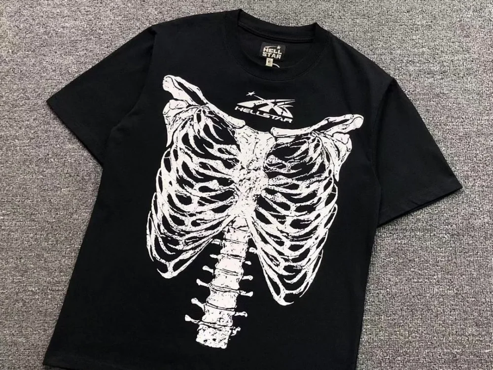 HELLSTAR Black White Skeleton Print T-Shirt - size reference